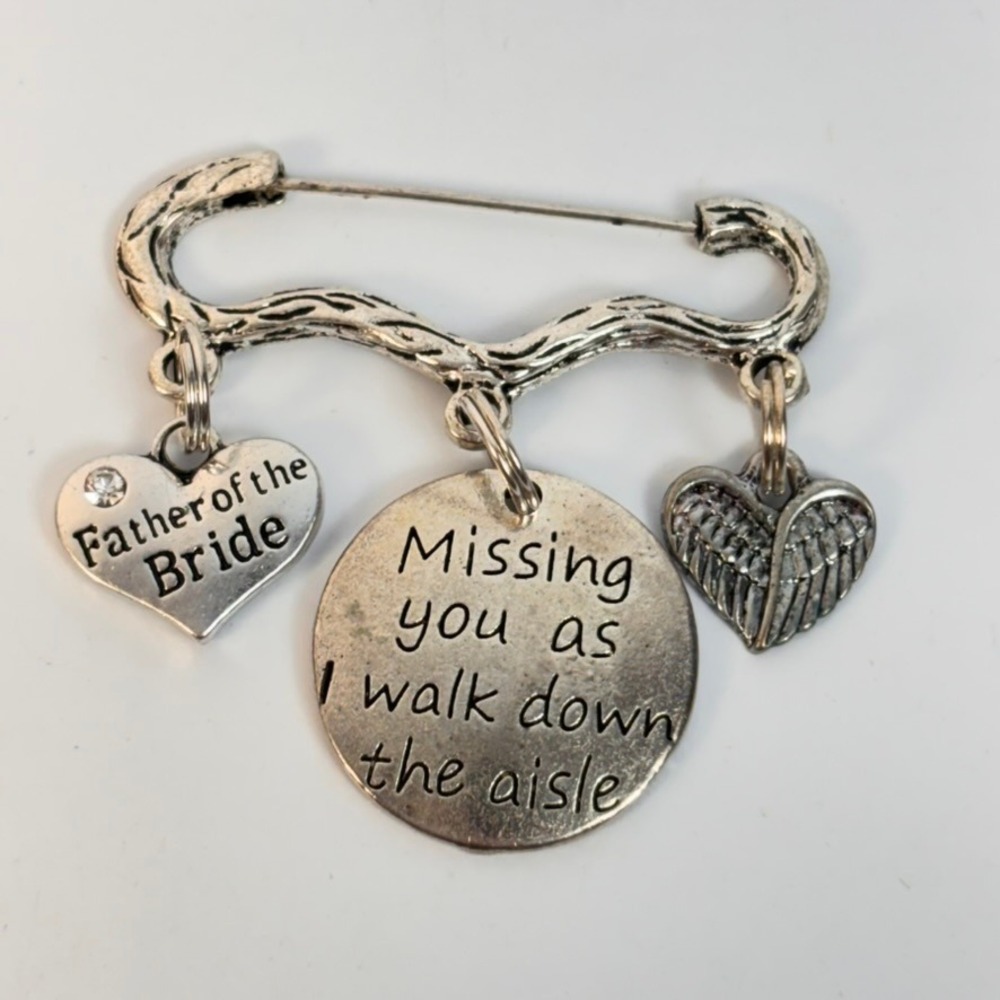 Memorial Wedding Brooch Silver Father of the Bride Missing You Aisle Charm Pin - Picture 2 of 7